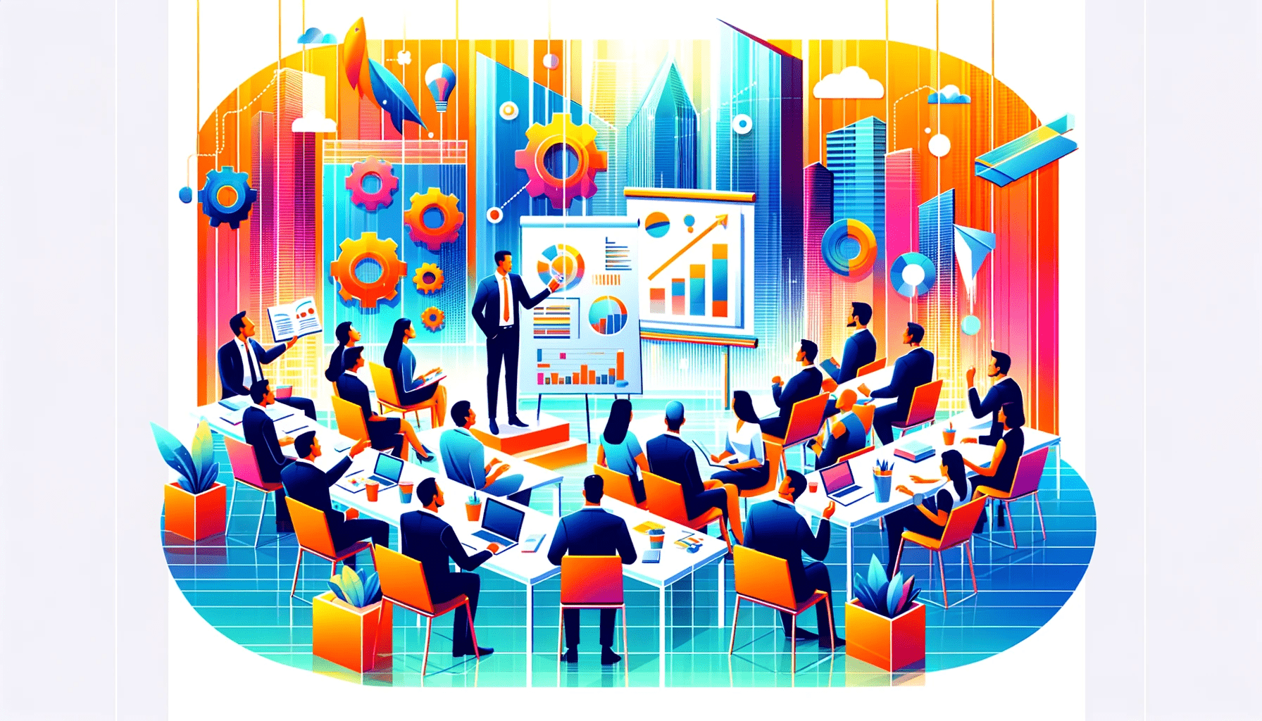 DALL·E 2023-11-30 14.15.19 - A bright and vibrant image representing the theme of employee training for skill development in a corporate setting. The scene should depict a lively  (2)