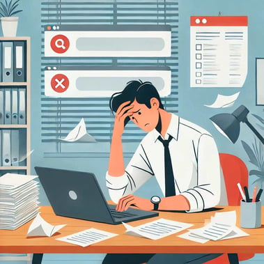 DALL·E 2024-07-22 14.55.55 - A flat design illustration of an office worker sitting at a desk, struggling to find the desired data on their laptop. The office worker looks frustra